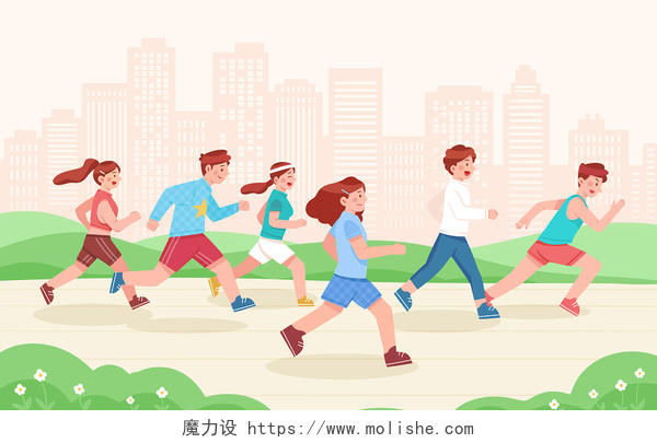 黄色卡通人物城市运动跑步健康生活背景插画运动人物元素